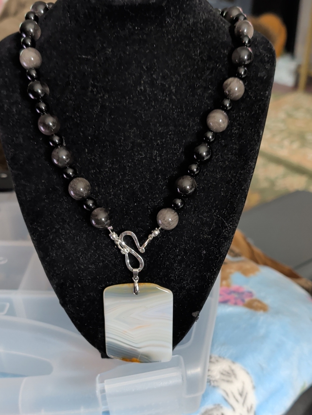 Handcrafted Black and Silver Obsidian Beaded Necklace with Agate Pendant